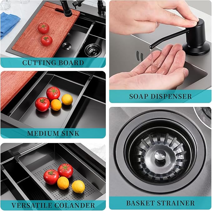 Gunmetal Black Kitchen Sink 33 x 22 Drop In Kitchen Sinks with Faucet Modern Workstation Large Stainless Steel Sink 33 Inch Single Bowl Top Mount Black Sink Kitchen