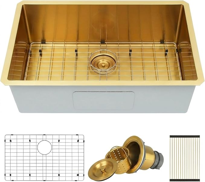 Gold Kitchen Sink,Undermount Kitchen Sink 30 X 18 inch,Single Bowl 16 Gauge Stainless Steel Undermount Sinks