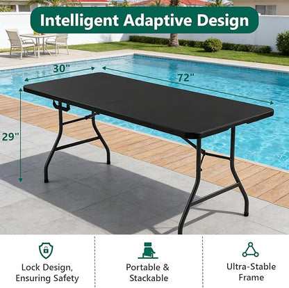 Folding Table 2 Pack, 6FT Heavy Duty Plastic Table with Handle, Foldable&Portable, Fold-in-Half Utility Tables for Outdoor, Dining, Wedding, Events, Indoor, Picnic, Camping, Party, Black