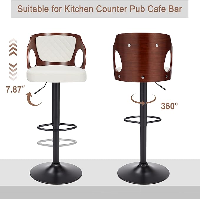 VECELO Swivel Bar Stools Set of 2, Adjustable Counter Height Stools with Bentwood Back, Armrest, Footrest & PU Leather Seat, Modern Bar Chairs for Kitchen Island, Black, Pearl White