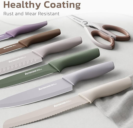 Astercook Knife Set, 13 Pieces Kitchen Knives Set with Healthy Anti-Rust Coating, Dishwasher Safe, Stainless Steel Chef Knife Sets with 6 Blade Guards, Perfect Holiday Gifts for Kitchen Morandi