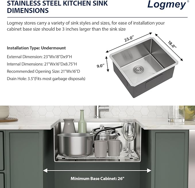 Logmey 23 Inch Undermount Kitchen Sink - 23x18 In Handmade Stainless Steel kitchen Sinks Undermount Bar Sink Single Bowl 16 Gauge RV Sinks Prep Basin 23x18x9 Inches