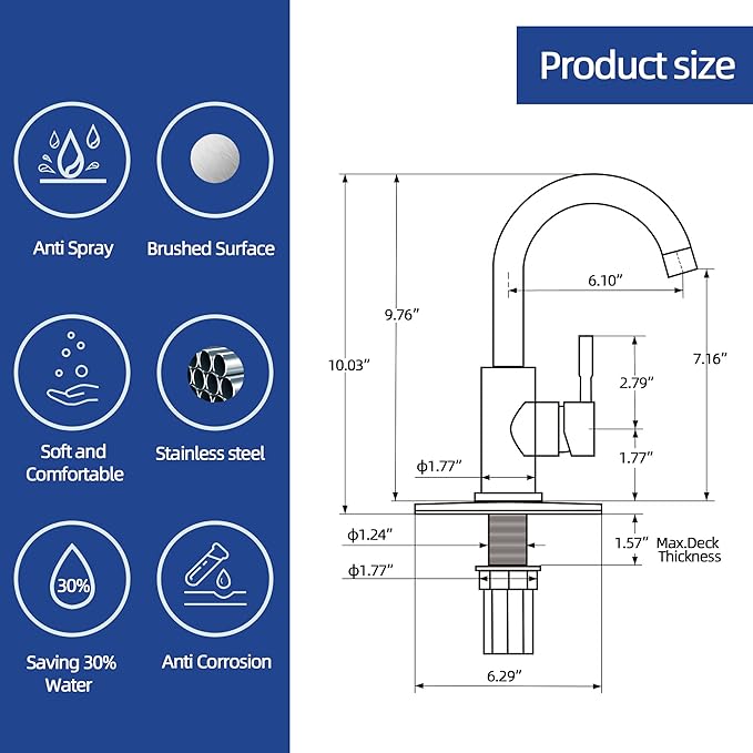 Brushed Nickel Bathroom Sink Faucet - Single Hole, Modern Single Handle Commercial Stainless Steel Bar Faucet with Drain