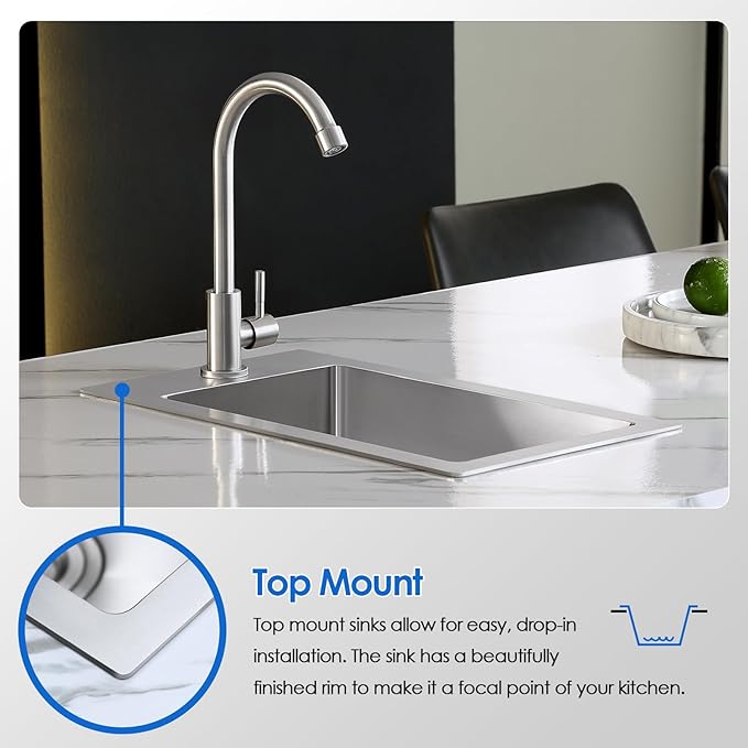 ROVOGO 10"x18"x6" Bar Sink Drop in, Small Kitchen Sink Single Bowl 304 Stainlesss Steel, Wet Bar Prep Sink with 1 Faucet Hole and Drain Assembly, Top Mount, Brushed