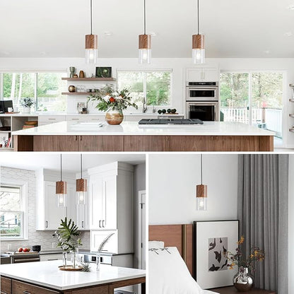 Modern Pendant Lights for Kitchen Island, Adjustable Pendant Light Fixtures with Brown Wood Grain, Industrial Clear Glass Pendant Lights for Dining Table Hallway Bedroom Living Room,1 Pack