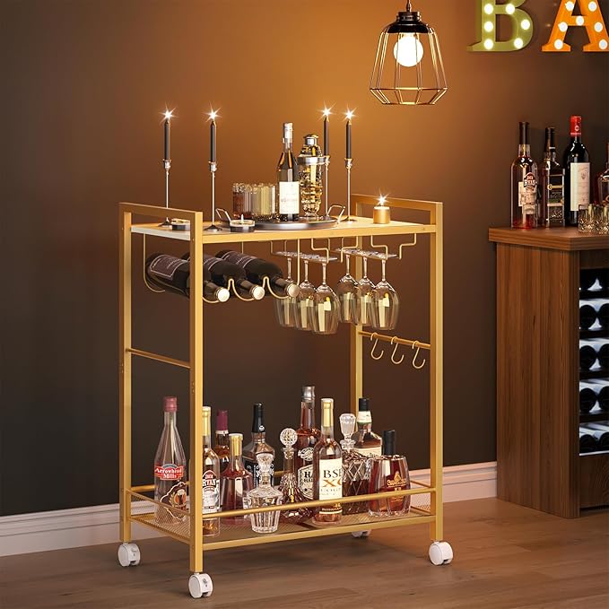 Joaxswe Bar Cart, Home Bar Serving Cart with 2-Tier Shelf,Rolling Beverage Cart with Wheels,Mobile Kitchen Shelf,Modern Wine Drink Cart with Wine Rack and Glass Holder for Kitchen,Dinning Room,Gold