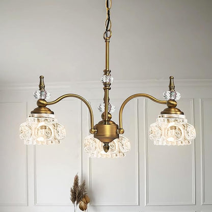 Montex Brass Pendant Light,Gold Vintage Chandelier Light Fixture 3 Lights,Include 4 Light Bulbs Glass Pendant Light Crystal Hanging Light