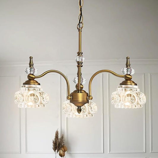 Montex Brass Pendant Light,Gold Vintage Chandelier Light Fixture 3 Lights,Include 4 Light Bulbs Glass Pendant Light Crystal Hanging Light