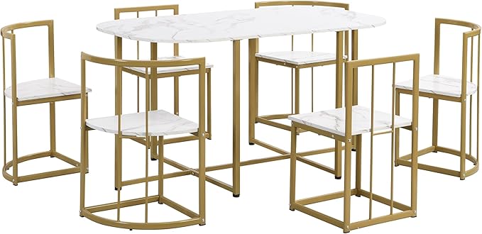 RuiSiSi Modern Dining Table Set for 6 Kitchen Table Set with 6 Dining Chairs and Faux Marble Tabletop for Kitchen, Dining Room, Small Space, Gold+White