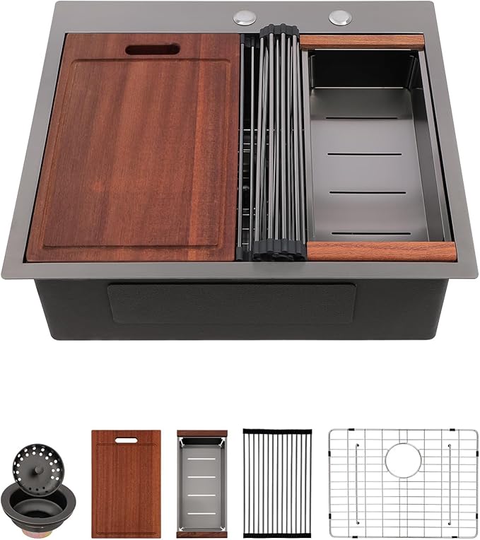 25 Black Drop Kitchen Sink - Sarlai 25 x 22 Inch Kitchen Sink Topmount Ledge Workstation Gunmetal Black Stainless Steel 16 Gauge Single Bowl Over Counter Utility Laundry Sinks Basin
