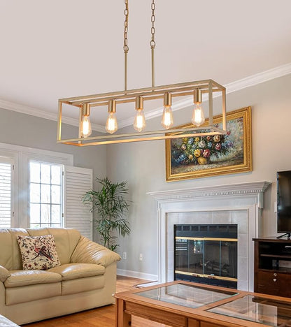 AMZASA Gold Rectangle Kitchen Island Lights Rectangular Modern Industrial Chandelier for Dining Room 5 Lights Linear Vintage Cage Light Fixtures UL Listed