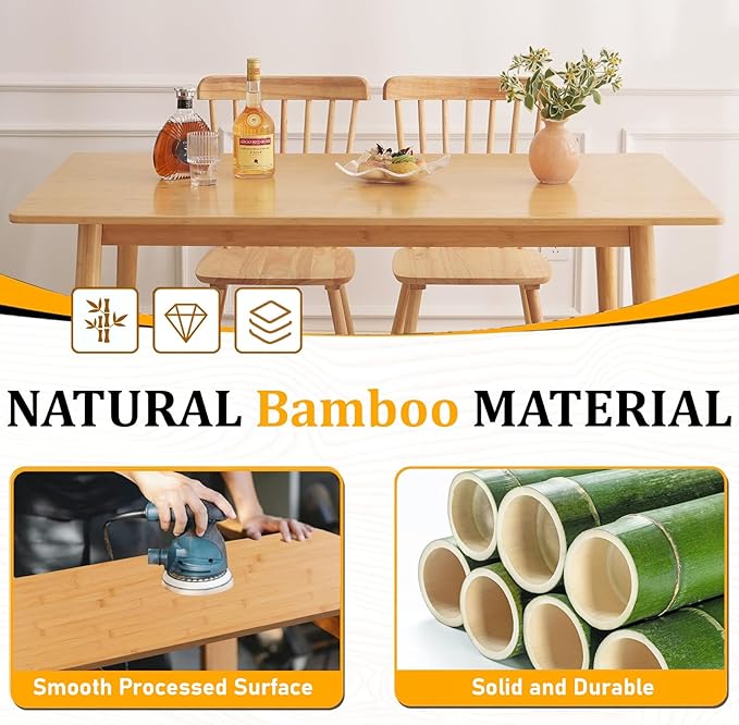 BAKEVE Bamboo Dining Table for 4-6-8 Person- 55'' Solid Wood Kitchen Table, Mid Century Modern Desk, Farmhouse Rectangular Dining Room Table for Living Room, Office, Kitchen and Study (Natural)