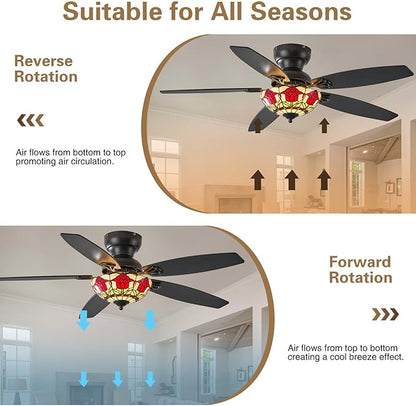 Tiffany Ceiling Fans with Lights - 52" Ceiling Fan Chandelier with 5 Dual-Blades and Glass Shade, 6 Speeds and Reversible, Indoor and Outdoor, Retro Style