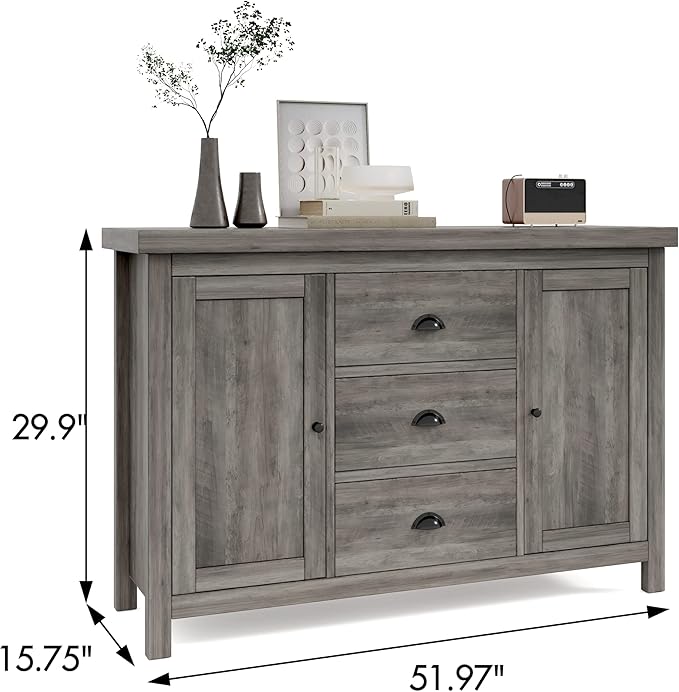 Kitchen Sideboard Cabinet Buffet with Heavy Duty Wooden Structure, 3 Drawers and 2 Doors with Ample Storage Space in Gray