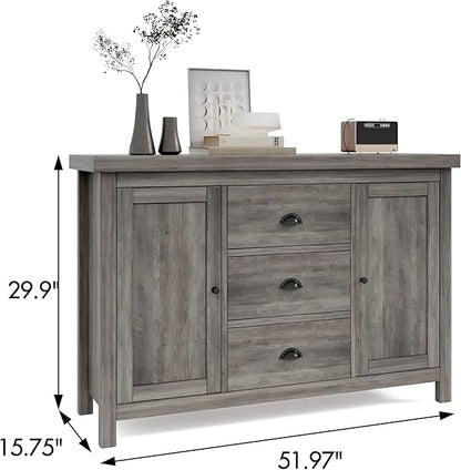 Kitchen Sideboard Cabinet Buffet with Heavy Duty Wooden Structure, 3 Drawers and 2 Doors with Ample Storage Space in Gray