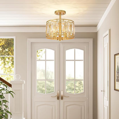 Gold Semi Flush Mount Ceiling Light, 3-Light Modern Brass Ceiling Fixture with K9 Crystals, Bedroom Light Fixture, Semi Flush Mount Ceiling Lights