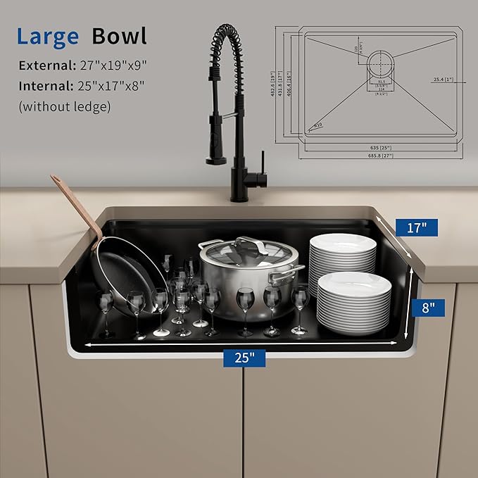 27 Inch Black Undermount Kitchen Sink,16 Gauge Stainless Steel Kitchen Sink Single Bowl, 27"x19"x9" Undermount Sink Ledge Workstation Sinks With All Accessories, Multi-Functional Sinks