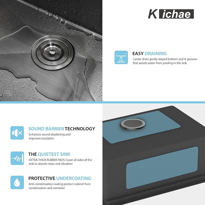 Kichae 25 Undermount Kitchen Sink - 25"x19" Kitchen Sink Ledge Workstation Stainless Steel Single Bowl Under Counter All In One Deep Basin Round Corner