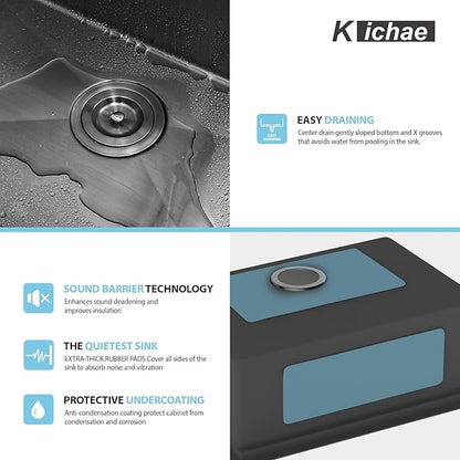 Kichae 25 Undermount Kitchen Sink - 25"x19" Kitchen Sink Ledge Workstation Stainless Steel Single Bowl Under Counter All In One Deep Basin Round Corner