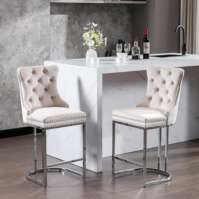 26" Counter Height Bar Stools Set of 2, Modern Velvet Bar stools with Button Back Rivet Trim Upholstered Kitchen Island Chairs with Sturdy Chromed Metal Base Legs Farmhouse Bar Stools, (Beige,2 Pack)