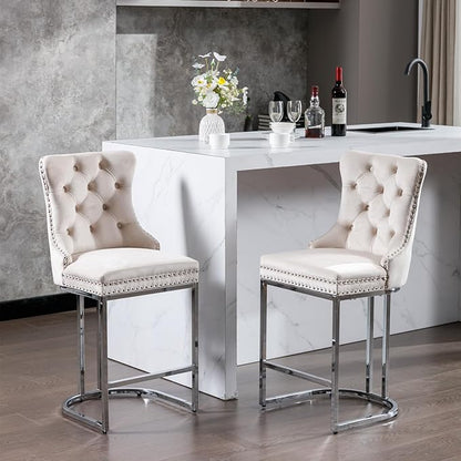 26" Counter Height Bar Stools Set of 2, Modern Velvet with Button Back Rivet Trim Upholstered Kitchen Island Chairs with Sturdy Chromed Metal Base Legs Farmhouse Bar Stools, (Beige,2 Pack)