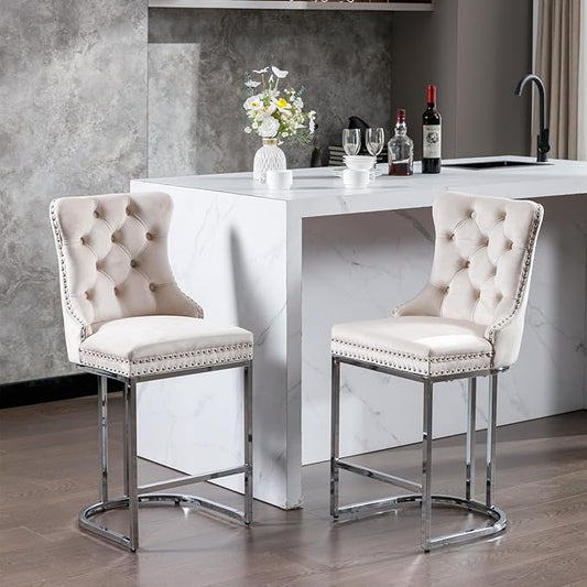 26" Counter Height Bar Stools Set of 2, Modern Velvet with Button Back Rivet Trim Upholstered Kitchen Island Chairs with Sturdy Chromed Metal Base Legs Farmhouse Bar Stools, (Beige,2 Pack)