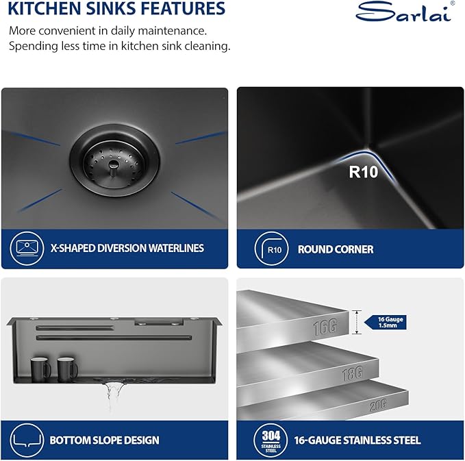 Sarlai 36 Inch Waterfall Kitchen Sink Workstation - 36x22 Black Waterfall Drop In Sink Stainless Steel 16 Gauge Sink Multifunction Single Bowl Smart Top Mount Kitchen Sinks with Faucet Combo