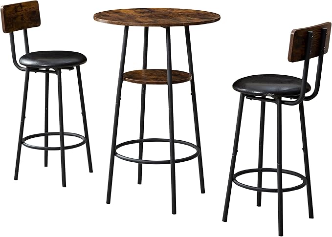 3 Piece High Top Table Set Kitchen Bar Round Table and Bar stools Set for 2, Island Dining Cocktail Table and Tall barstools,Counter Height Pub bistro Table, Industrial, Rustic Brown (3PCS)