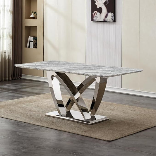 Modern Luxurious Rectangular Dining Table for 6-8, MDF Kitchen Table with Heavy-Duty Irregular Base, Faux Marble Heat-Resistant Furniture for Dining Room & Family Gatherings (Silver)