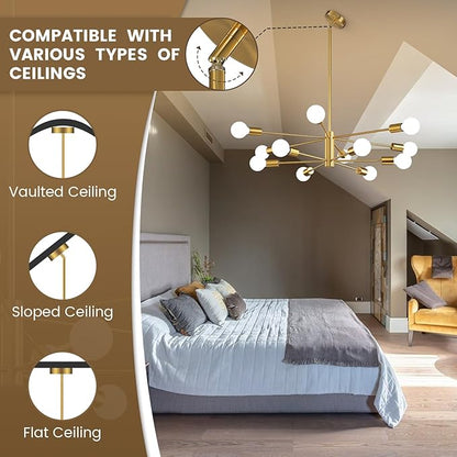 KAISITE Modern Sputnik Chandelier Ceiling Light Fixture 12-Light Gold Chandelier for Dining Room Over Table Height Adjustable Mid Century Industrial Chandelier for Kithchen Living Room Entryway