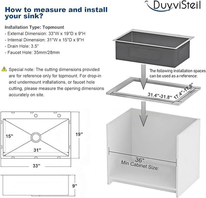 33 Inch Drop In Kitchen Sink, 16 Gauge Stainless Steel Kitchen Sink Single Bowl Sinks with Drain Strainer (33"x19"x9")