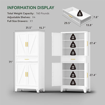 71" Tall Kitchen Pantry Cabinet,Farmhouse Pantry Cabinet,Metal Cabinet with Adjustable Shelves and Drawer,Storage Cabinet for Kitchen Dining Room Garage,White 1 Pack