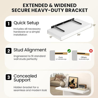 White Floating Shelves for Wall, 16'' W x 12'' D Wall Mounted Rustic Wood Shelves for Bathroom, Bedroom, Living Room, Kitchen, Hanging Shelf for Storage/Room Decor with Heavy Duty Brackets, 2 Pack