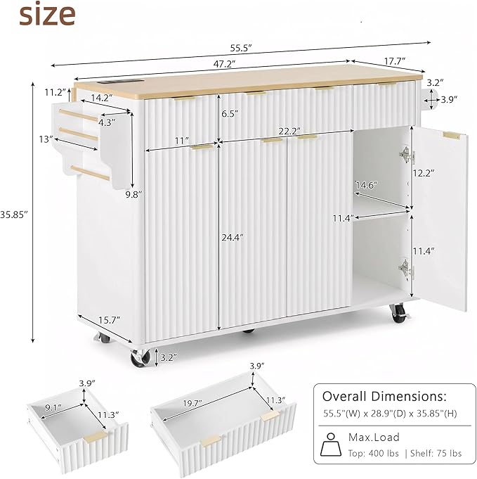55.5" Mobile Kitchen Island, Fluted Kitchen Island with Storage, Drop Leaf, Power Outlet, 4 Doors and 3 Drawers, Wood-Grain Top, Rolling Island Table for Kitchen, Dining Room White