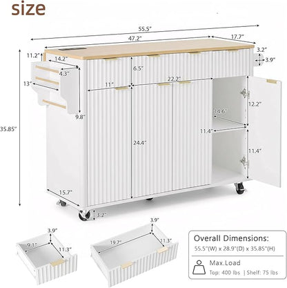 55.5" Mobile Kitchen Island, Fluted Kitchen Island with Storage, Drop Leaf, Power Outlet, 4 Doors and 3 Drawers, Wood-Grain Top, Rolling Island Table for Kitchen, Dining Room White