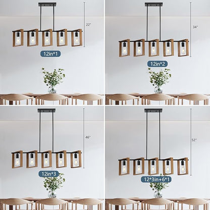 9MMML 41.5" Kitchen Island Lighting,5 Lights Dining Room Light Fixtures, Rustic Farmhouse Height Adjustable Wood Chandeliers for Kitchen, Pool Table Lights, Black Body+Wood Frame,E26.