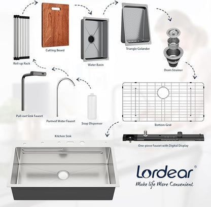 Lordear Drop In Kitchen Sink, 33 inch Waterfall Sink 16 Gauge Stainless Steel, Above Counter Smart Kitchen Sinks, Single Bowl with Integrated Faucet for High-Efficiency Cleaning
