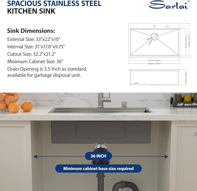 Sarlai Drop In Kitchen Sink - 33x22 Drop In Kitchen Sink Ledge Workstation 16 Gauge Stainless Steel Topmount Deep Single Bowl Over Counter Sinks Basin Round Corners