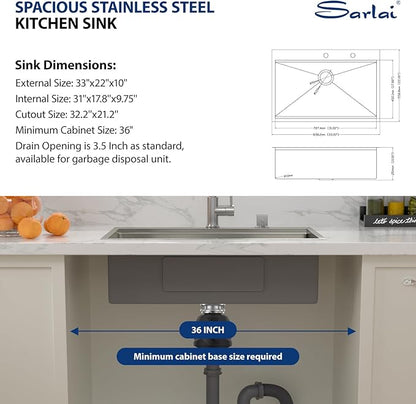 Sarlai Drop In Kitchen Sink - 33x22 Drop In Kitchen Sink Ledge Workstation 16 Gauge Stainless Steel Topmount Deep Single Bowl Over Counter Sinks Basin Round Corners
