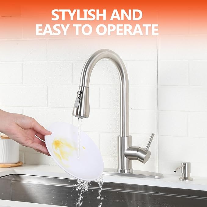 HOTIS Kitchen Faucet with Soap Dispenser, Brushed Nickel Kitchen Faucet with Pull Down Sprayer 3 Modes, High Arc Single Handle RV Bar Sink Faucets for Farmhouse RV Laundry Camper, HT-SLYT004L-S-1