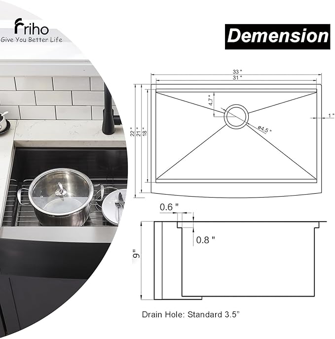 Friho Black Farmhouse Sink, 33 Inch Farmhouse Kitchen Sink Workstation 16 Gauge Stainless Steel 9 Inch Deep Single Bowl Farm Sink with Accessories