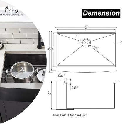 Friho Black Farmhouse Sink, 33 Inch Farmhouse Kitchen Sink Workstation 16 Gauge Stainless Steel 9 Inch Deep Single Bowl Farm Sink with Accessories