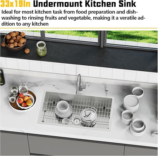 33x19 Inch Stainless Steel Kitchen Sink-Undermount Single Bowl Drop In Kitchen Sink Stylish And Modern Look Come With Bottom Grid,Silicon Mat And Drain Assembly Add Elegance & Enhance Usability