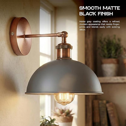 Dome Metal Wall Sconce, 180° Adjustable Industrial Wall Lamp for Bedside, Study, Kitchen, and Living Room Décor. (Grey_)