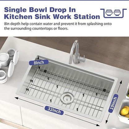Kitchen Sink Workstation,32"x19" Stainless Steel Undermount Single Bowl Sink Built-in Ledge Drop In Workstation Sink Design For Placing/Sliding Accessories-Cutting Board,Drying Rack,Colander