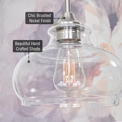 Kira Home Harlow 9" Modern Schoolhouse Pendant Light with Clear Glass Shade, Industrial Farmhouse Silver Hanging Light with Schoolhouse Glass, Brushed Nickel Finish