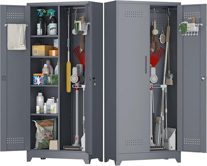 Metal Tool Storage Cabinet, Broom Closet with Hooks, 72.8" Tall Garage Cabinet with Shelves, Heavy-Duty Cleaning Storage for Utility Room, Gym, Office, Garage