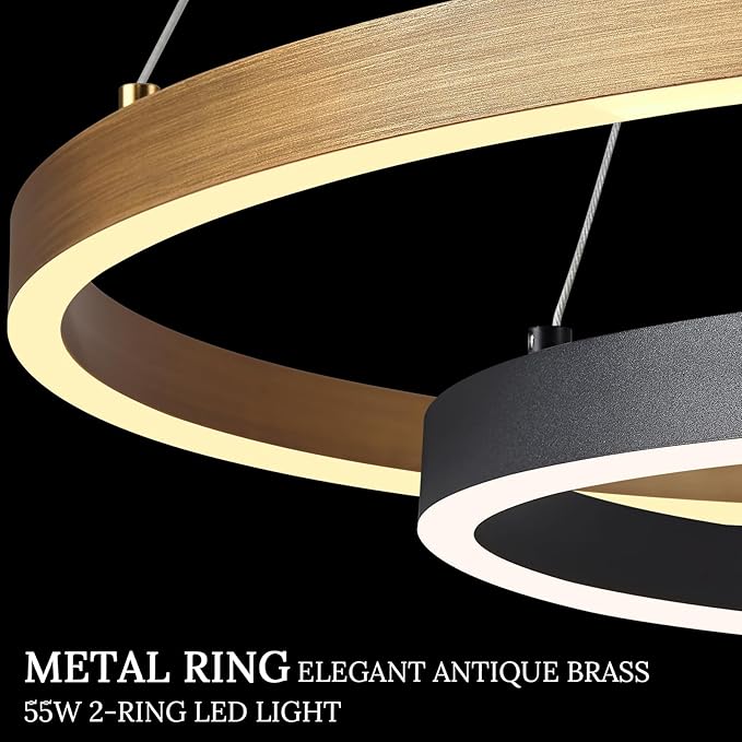 2 Ring LED Chandelier Black Gold Chandelier for Dining Room 24in Dimmable Circular Chandeliers Light Round Chandeliers for Bedroom Kitchen Entryway Living Room
