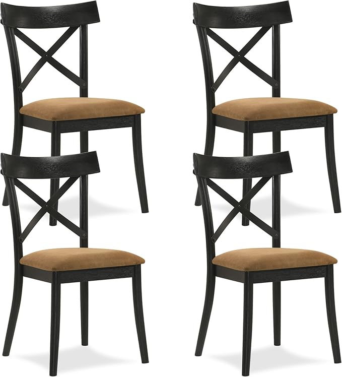 JUSTONE Cross Back Dining Chairs Set of 4, Modern Kitchen Chairs with Hillary Brown Leather Upholstery & Walnut Black Finish, Side Chairs for Dining Room, Kitchen Island, Breakfast Nook