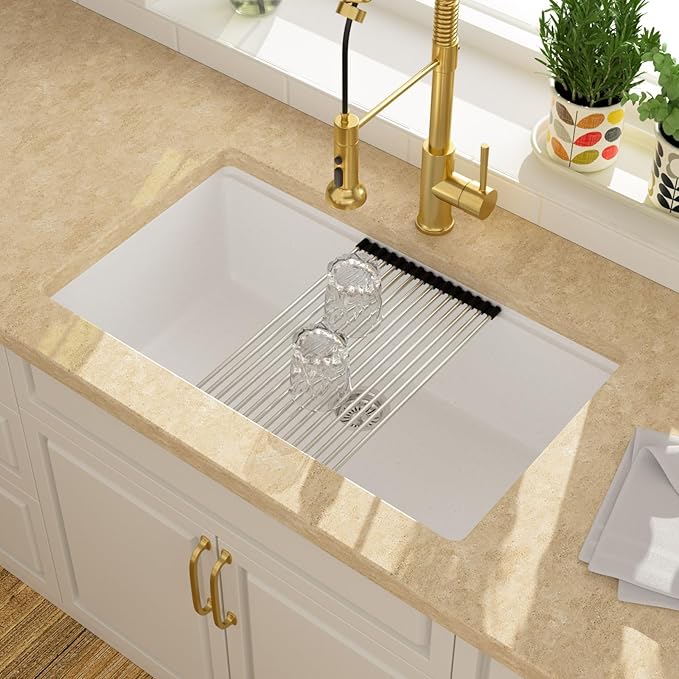 Lordear 32 Inch White Granite Composite Kitchen Sink 32x19 Inch Workstation Quartz Undermount Kitchen Sinks Under Counter Single Bowl